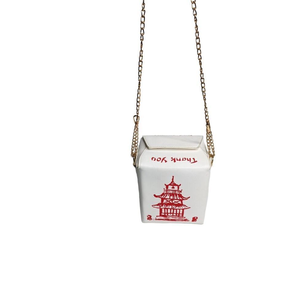 Takeout Box Purse Shoulder Bag Small White Red Gold Tone chain 2 snap closure